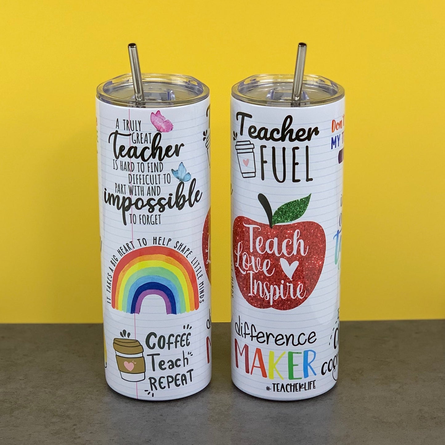 Teacher collage of phrases on a tumbler