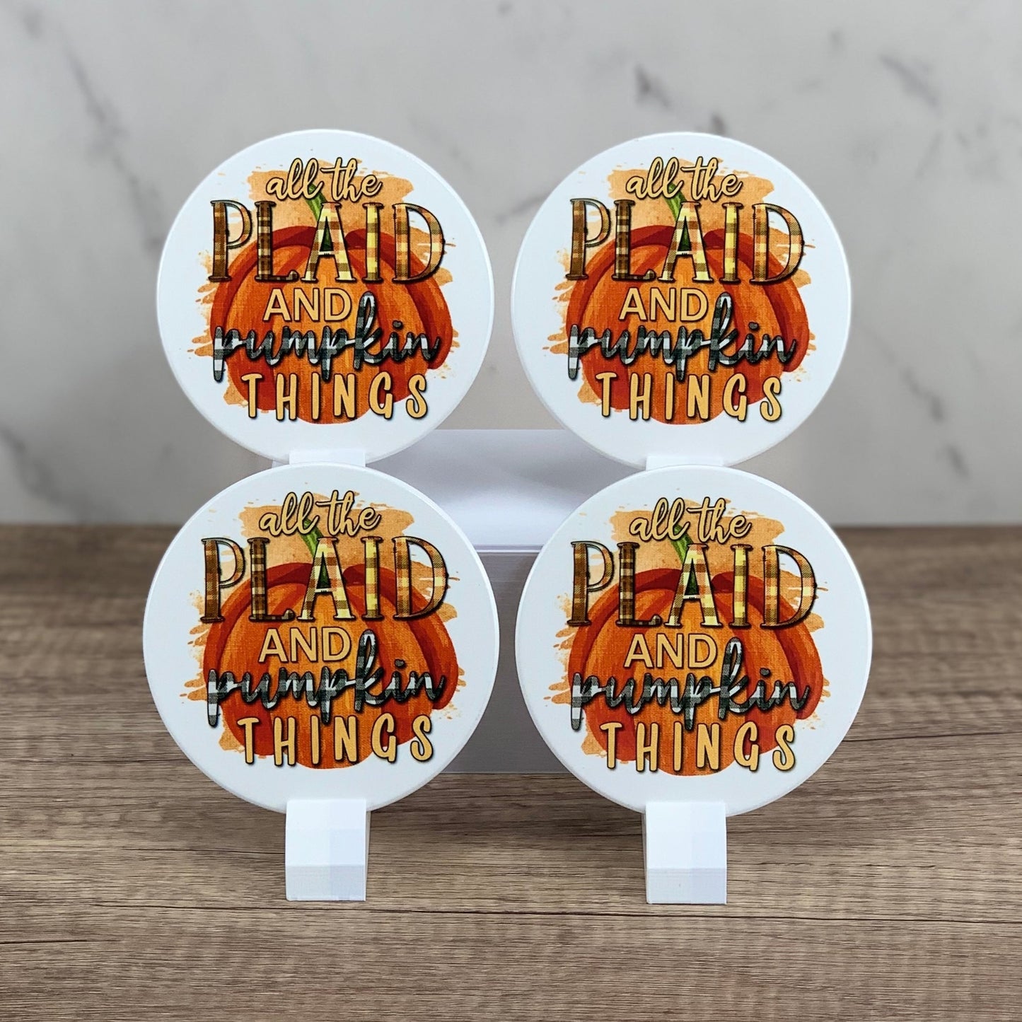 Plaid and pumpkin things phrase coaster set