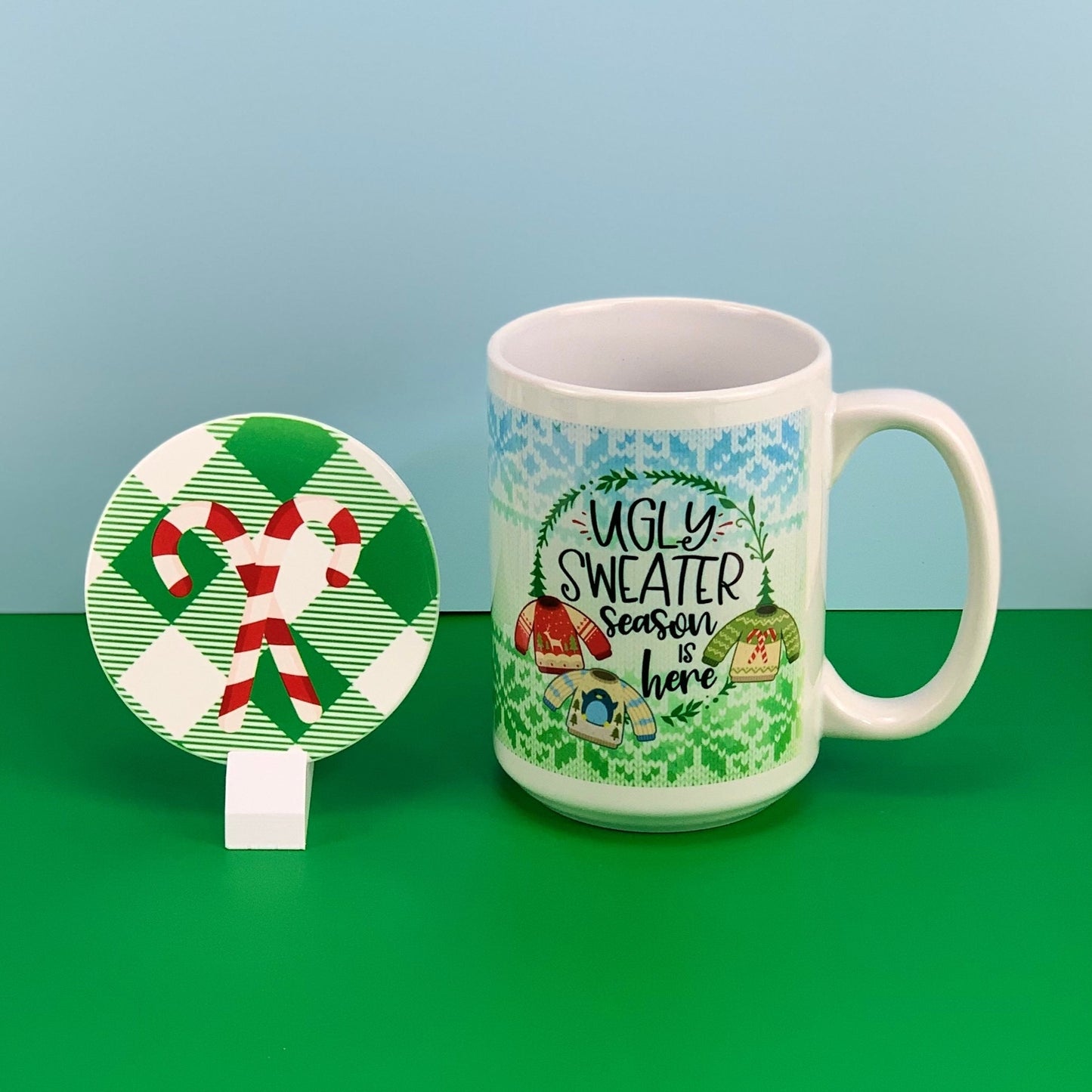 Ugly sweater season is here mug and coaster set