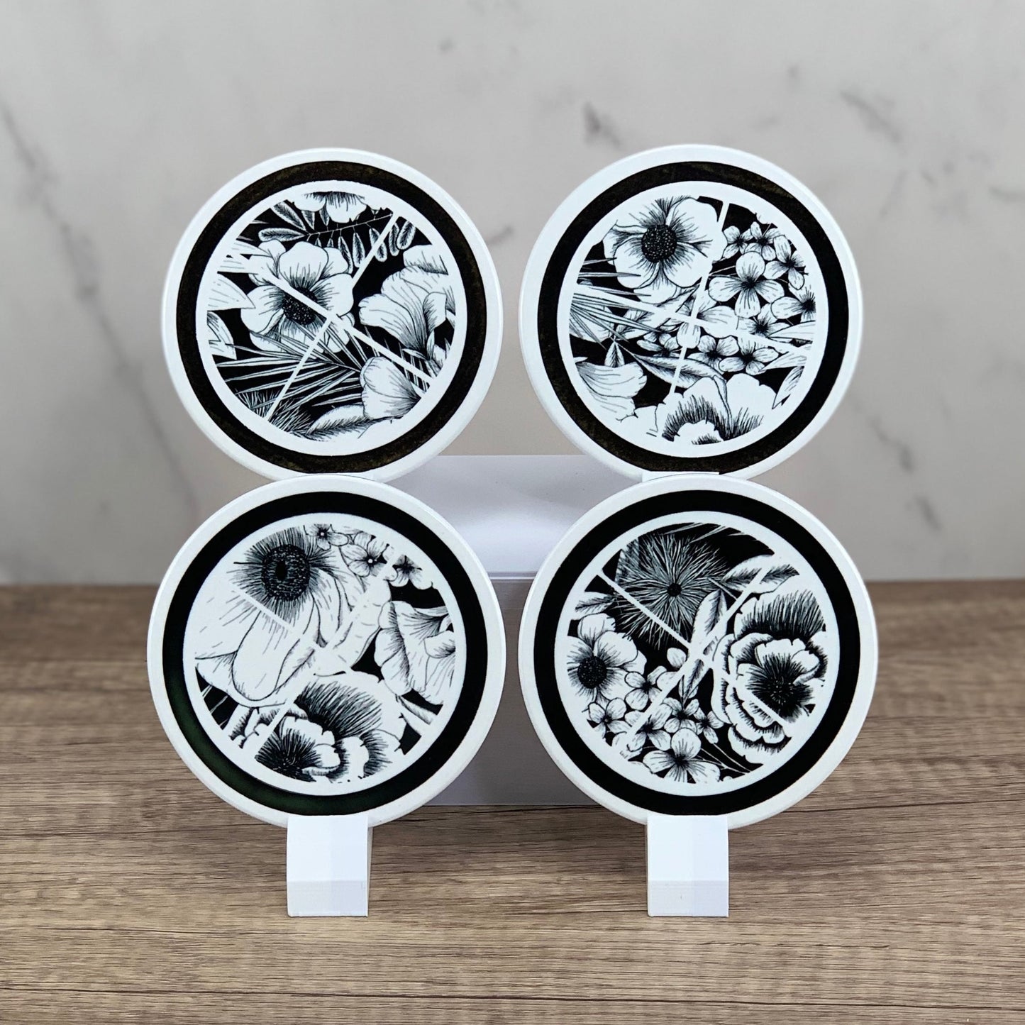 Black floral print coaster set