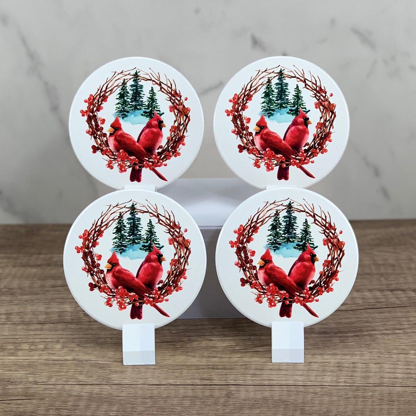 2 cardinals with berry wreath and trees coaster set