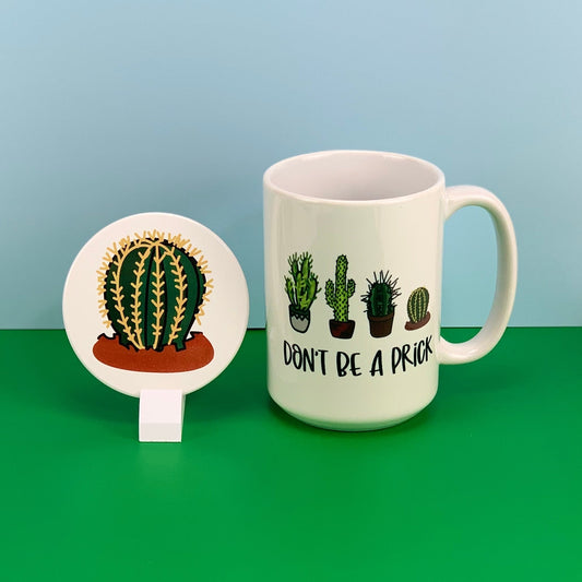 Don't be a prick cactus themed mug and coaster set