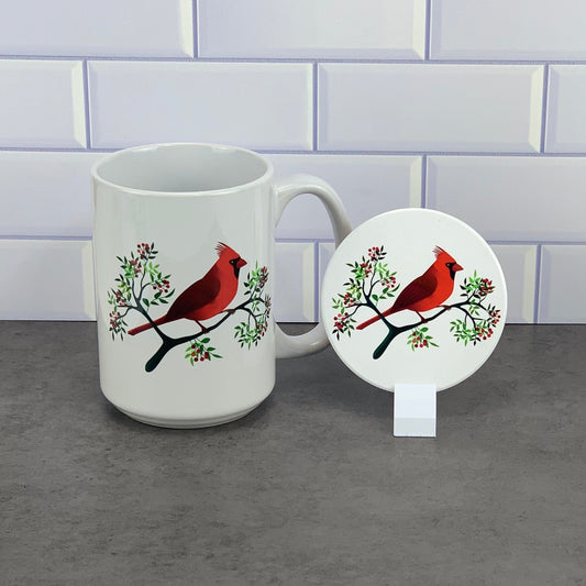 Red cardinal mug and coaster set