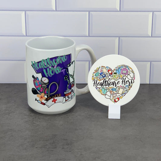 Healthcare hero themed mug and coaster set