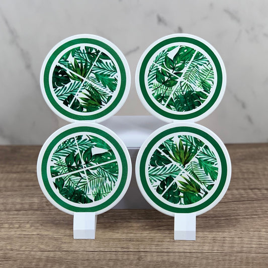 Green tropical leaf coaster set