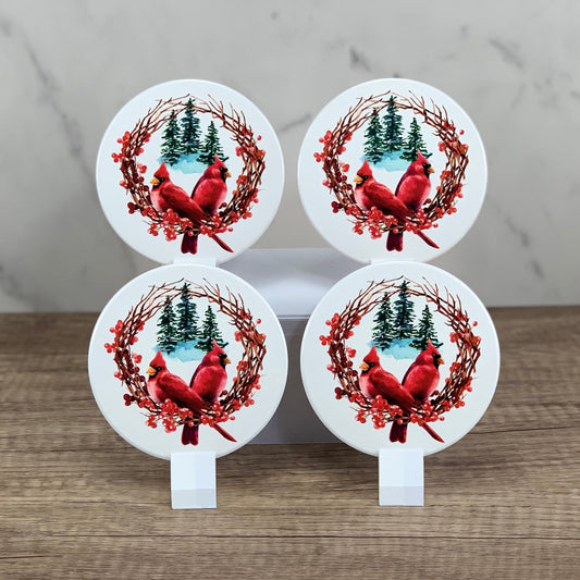 2 cardinals with berry wreath and trees coaster set