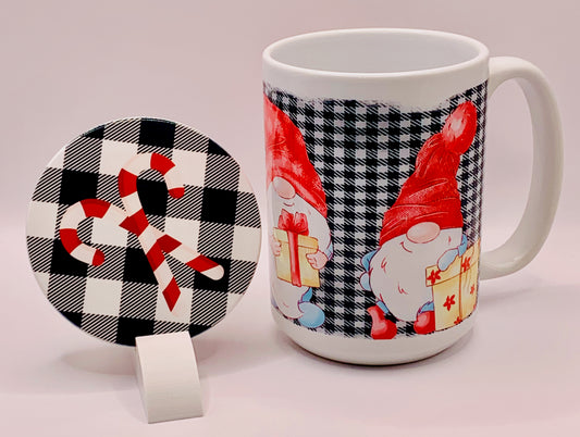 Christmas Gnome Black Plaid Mug and Coaster Set
