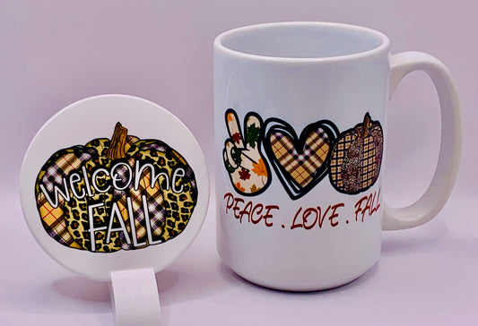 Peace.Love.Fall Plaid Mug and Coaster Set